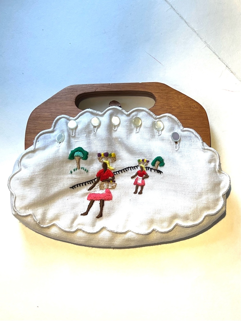 Vintage Handmade White Linen Embroidered Mini Bag with Wooden Handle
